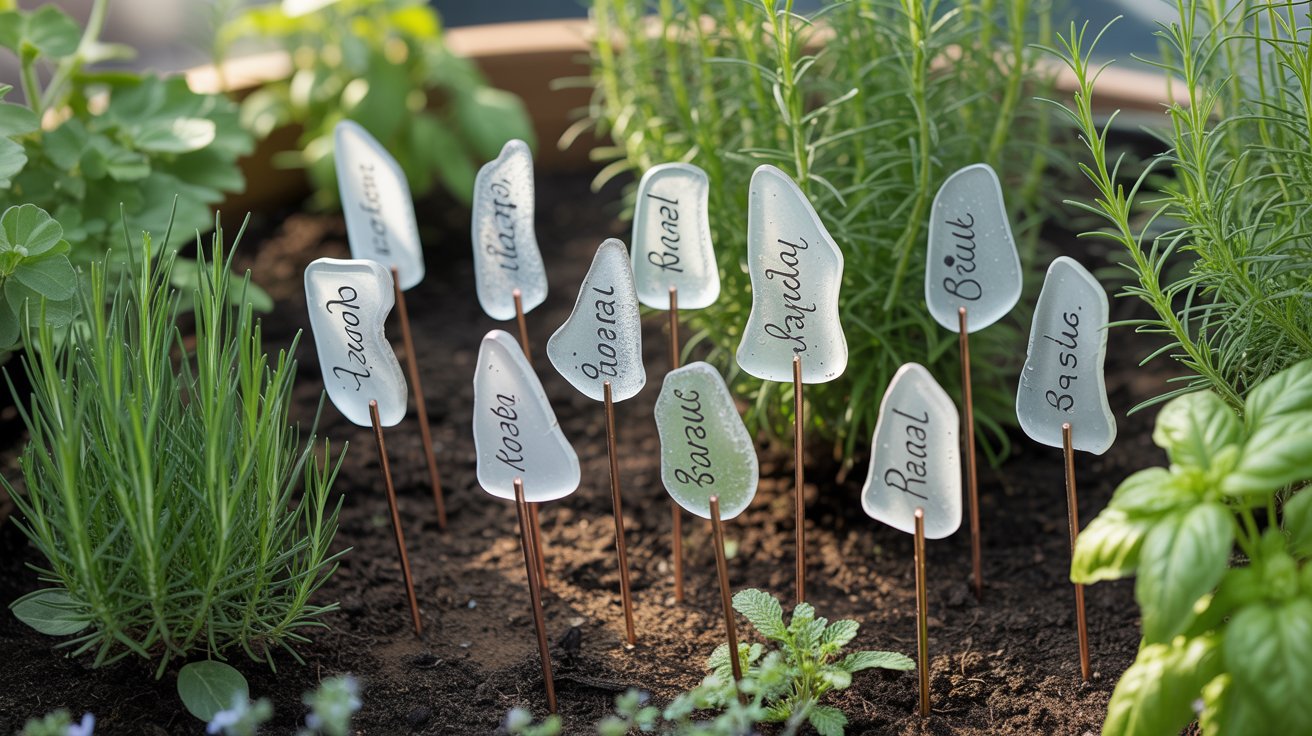 Sea glass garden markers with plant labels