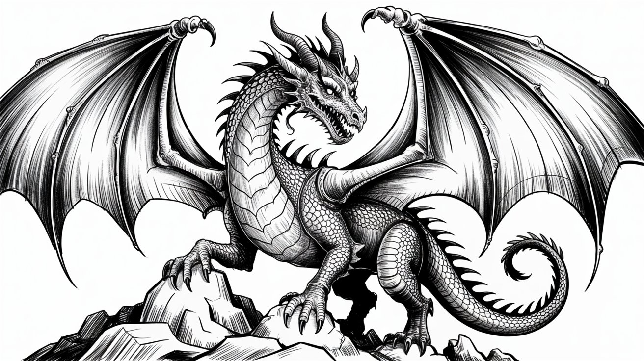A detailed black and white drawing of a dragon, showcasing its scales and fierce expression.