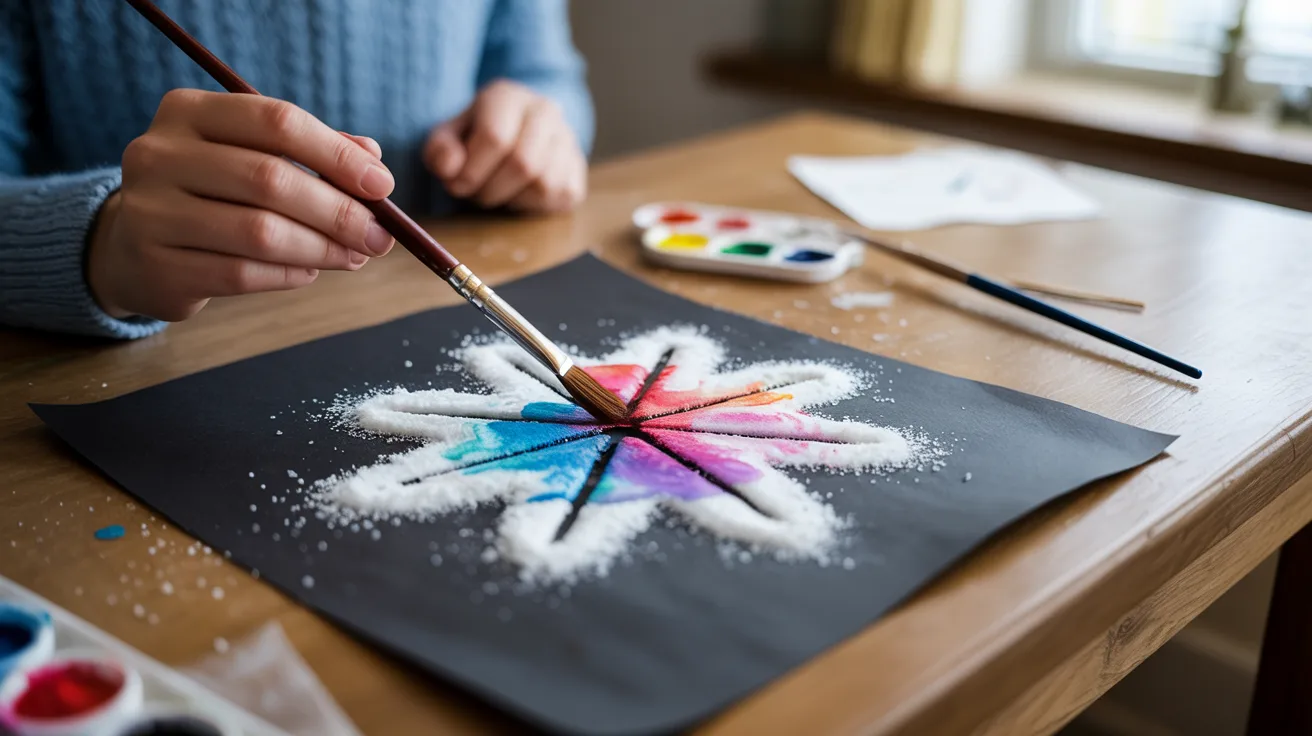 - Snowflake salt painting artwork created by a person in a blue outfit as a winter-themed DIY craft activity.