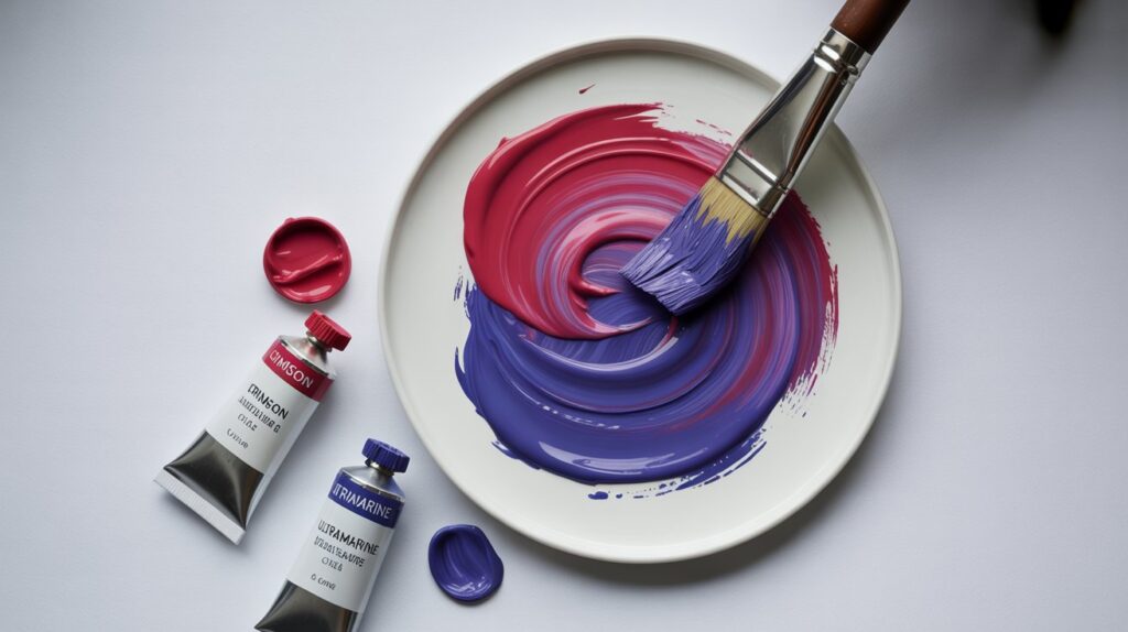 Red and blue paint mixing on a palette to create purple in a clean artist workspace