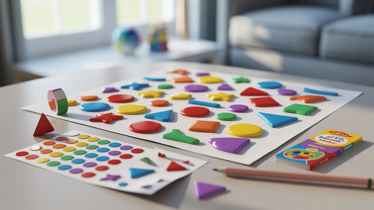 - Shape sticker art for kids’ hands-on learning activity using colorful shapes for creative collage design.