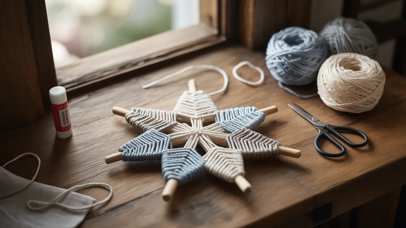 - Yarn wrapped snowflake craft on a table in soft, subtle colors for a realistic and elegant kids’ DIY winter art activity.