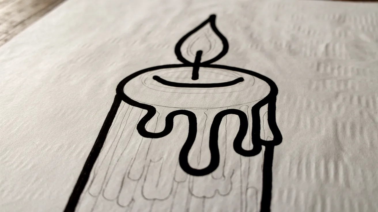 Candle drawing step with clean pen outline and erased pencil marks for finished look