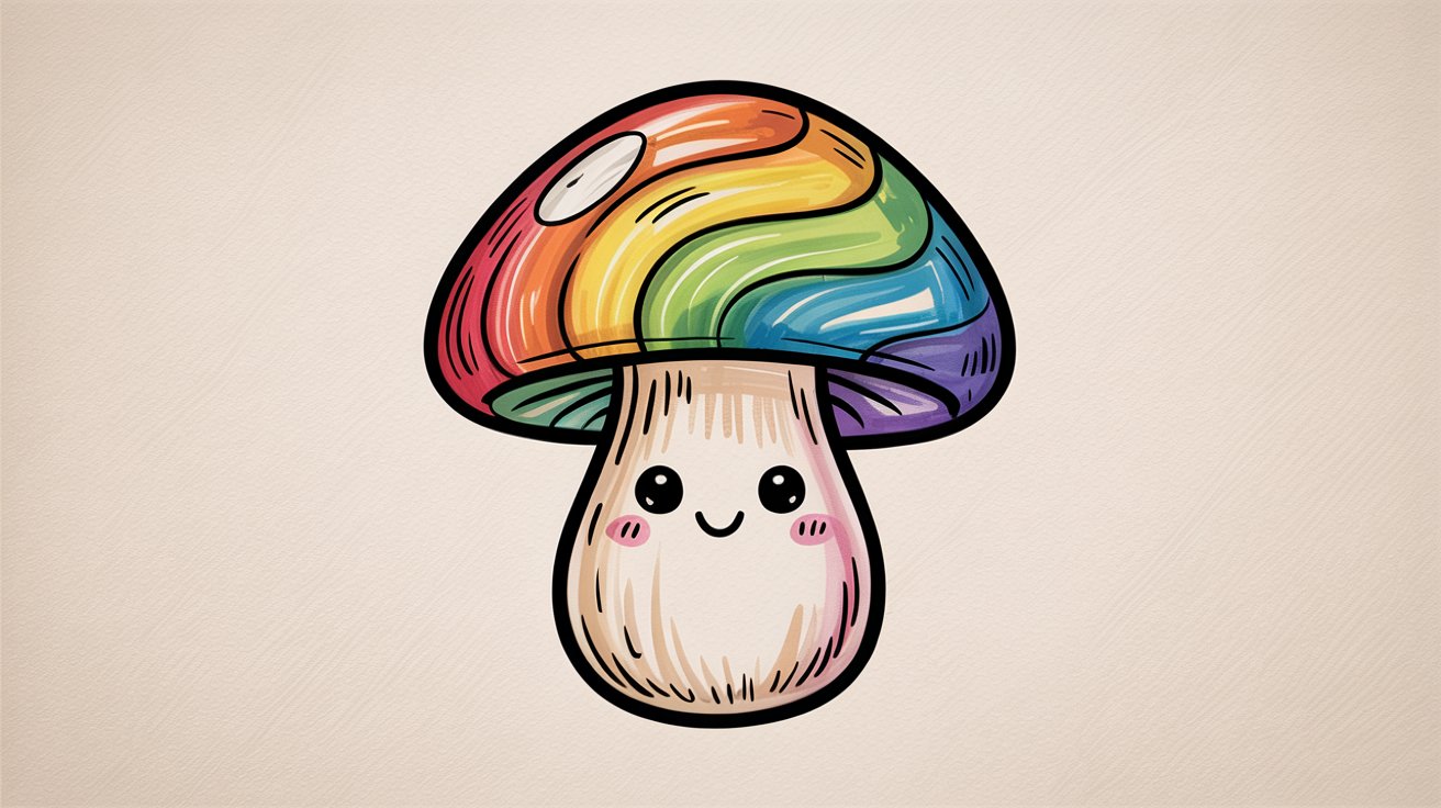 Grinning kawaii mushroom with a bold rainbow-striped cap and rosy cheeks.