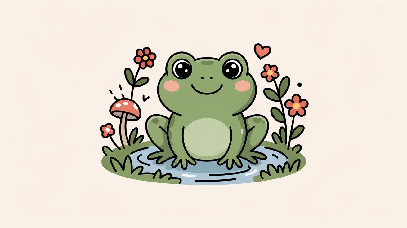 Blushing frog with pink cheeks sits in a pond surrounded by flowers, hearts and mushrooms