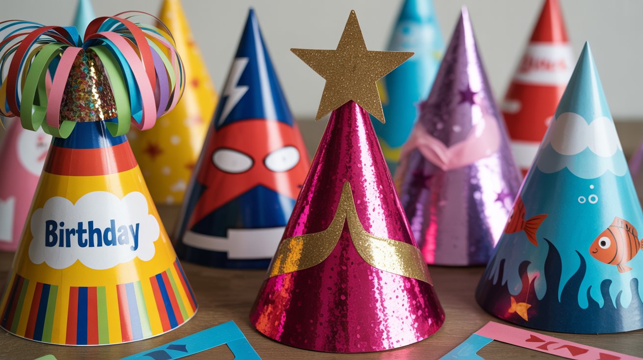 Different themed paper party hats including birthday, superhero, princess, and ocean styles