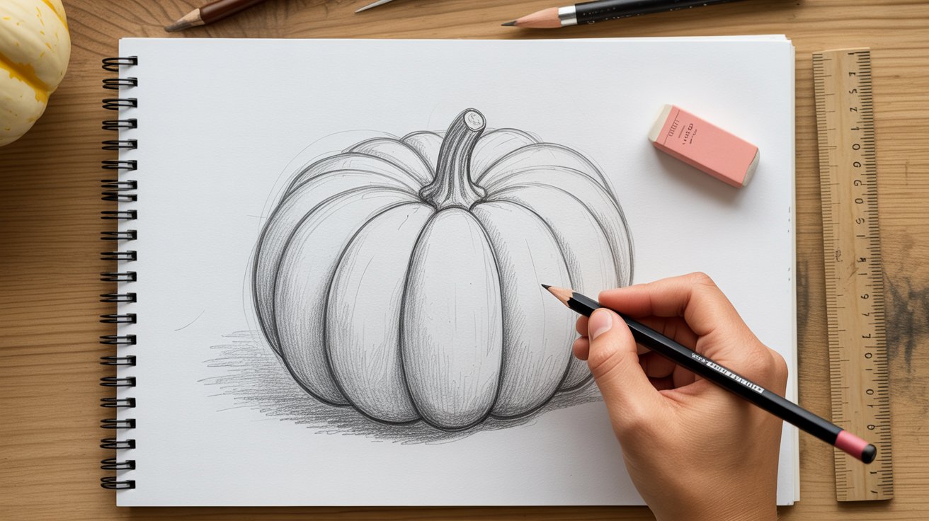 Hand shading pumpkin outline with graphite pencil in notebook, ruler and eraser on wood desk