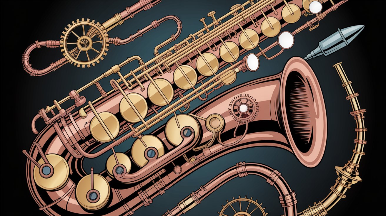Intricate steampunk-style saxophone rendered in copper and brass tones with gears, pipes, and mechanical details.