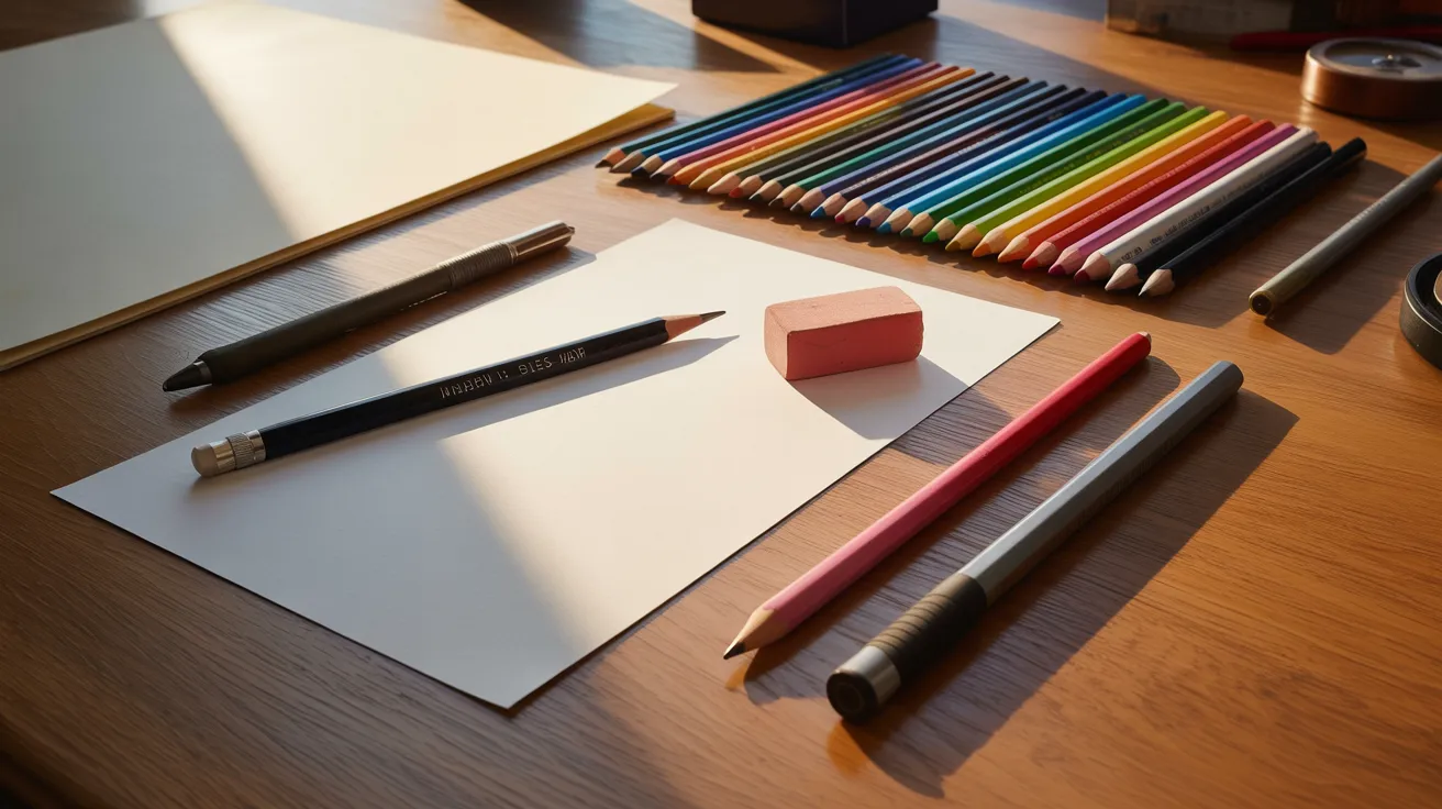Candle drawing supplies including pencil eraser paper pen and colors arranged on desk