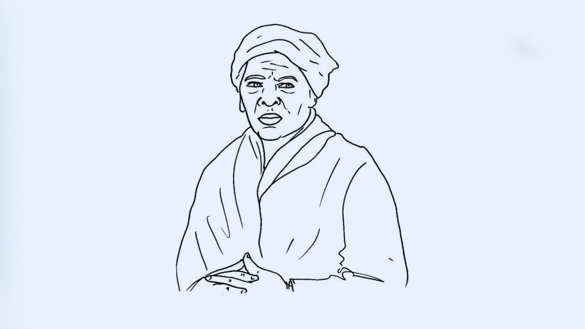 Black line art drawing of Harriet Tubman wearing headwrap and shawl with hands clasped.