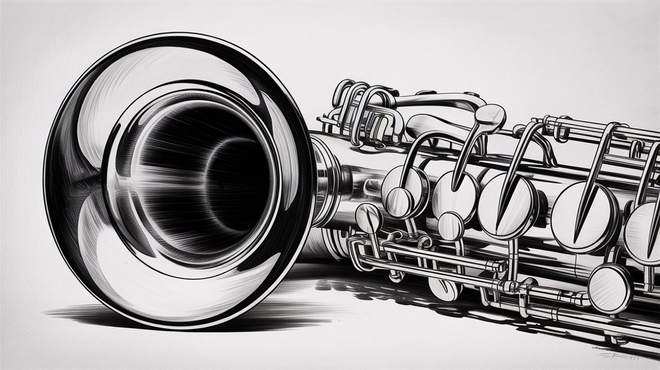 Hyper-detailed black and white pencil drawing focusing on a saxophone bell and keys with dramatic lighting.
