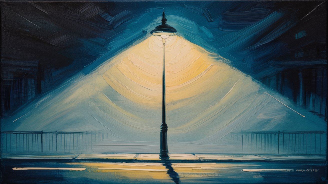 A painting of a street lamp at night with soft yellow glow.