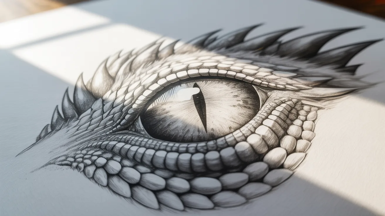 Dragon eye drawing step showing blended pencil shading inside iris and around scales in matte finish