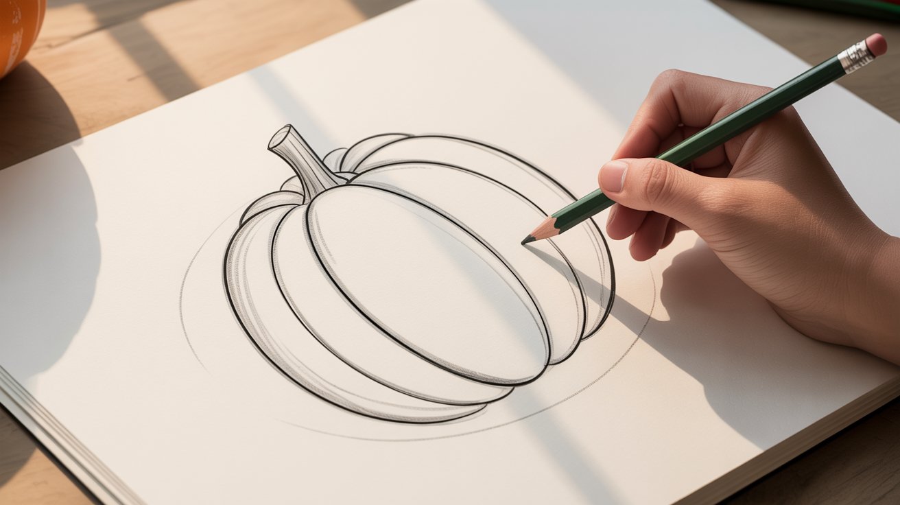 Hand drawing a realistic orange pumpkin with colored pencils showing shading for easy art tutorial