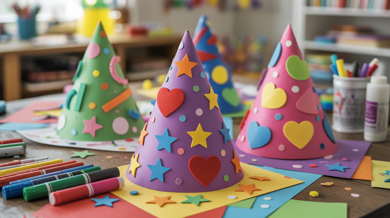 Colorful kids paper party hats with simple drawings, stickers, and fun patterns on a craft table