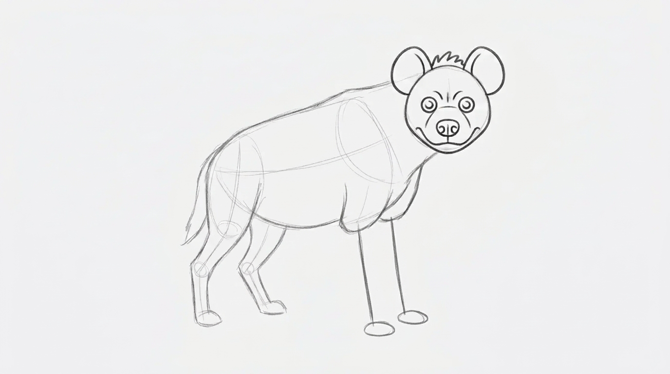 Hyena front legs drawn as straight lines with small paws in simple sketch