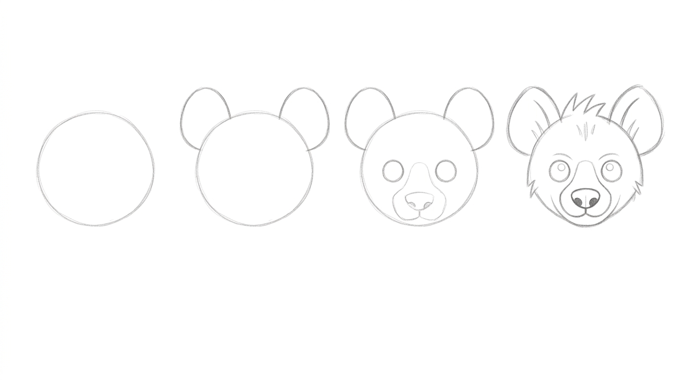 Simple hyena head base with circle and small rounded ears drawn lightly