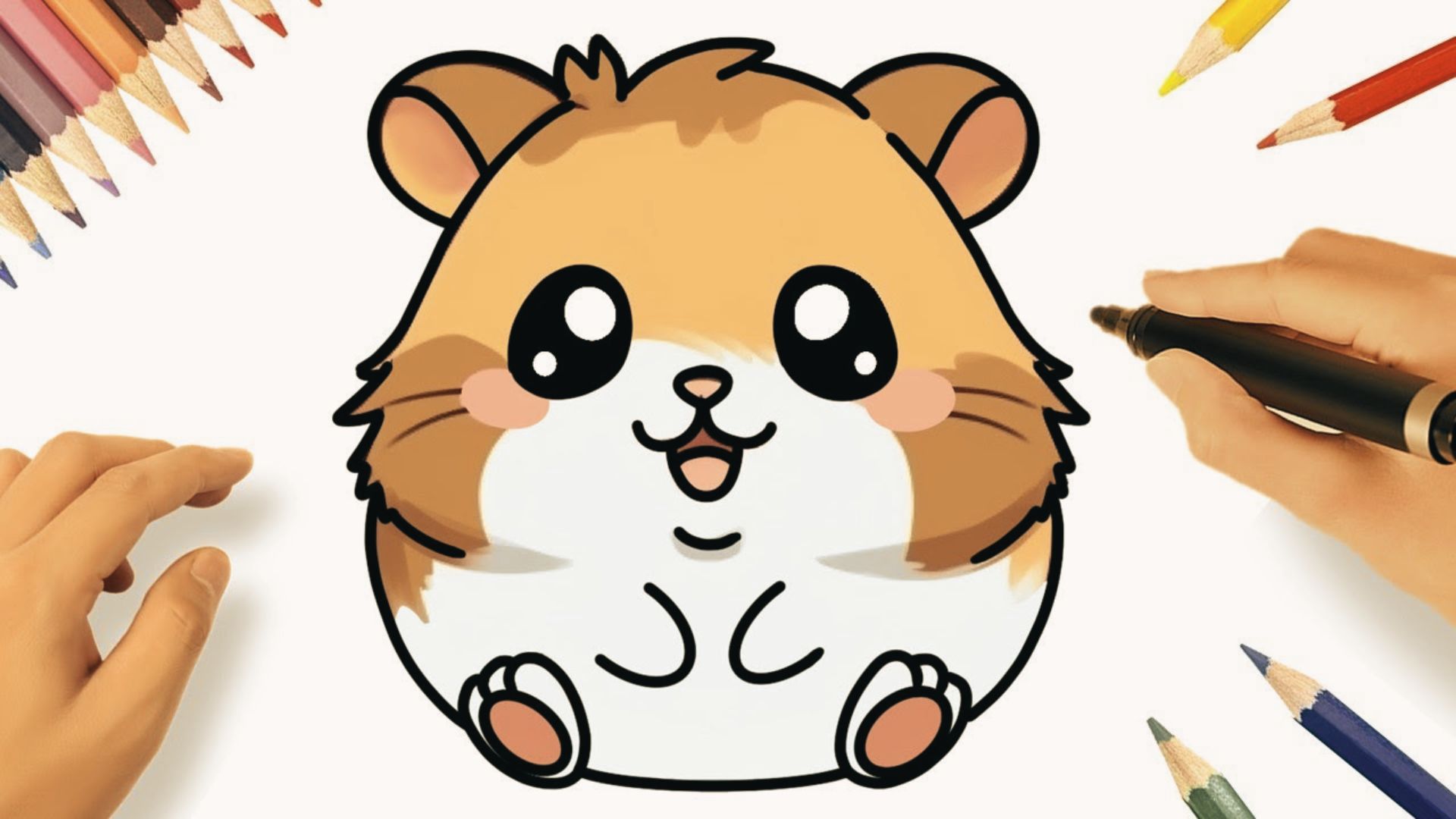 Easy cartoon hamster drawing with big eyes and smile, colored pencils around for kids tutorial.