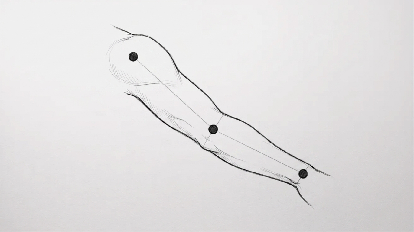 Arm joints marked with circles showing shoulder elbow wrist placement and correct proportions
