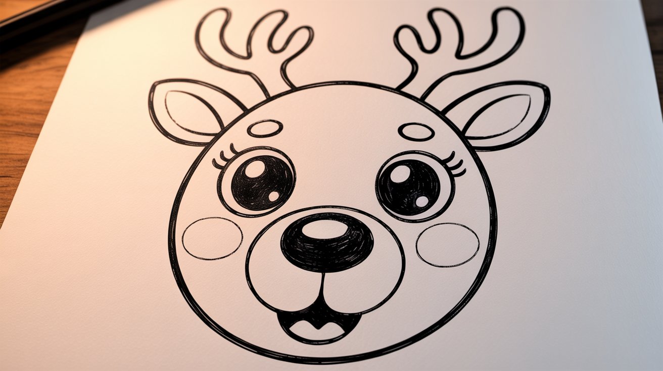 Reindeer face with big eyes, round nose, and simple smiling mouth sketch