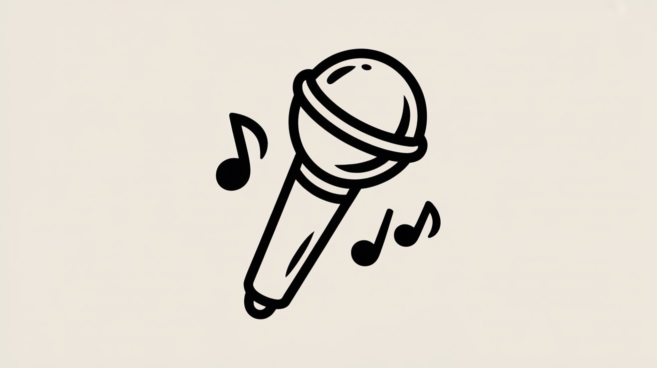Simple black line cartoon microphone drawing with music notes on plain light beige background.