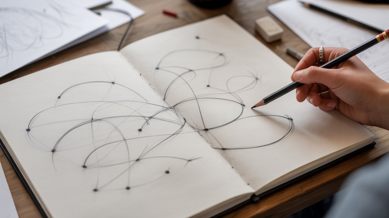 "Sketchbook with dot to dot drawing warm up using smooth connecting lines and curves"