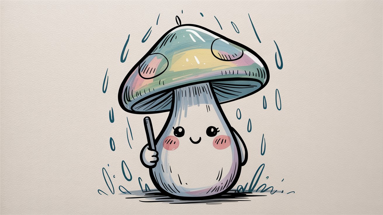 Adorable mushroom with a pastel rainbow cap holds a tiny stick umbrella in the rain.