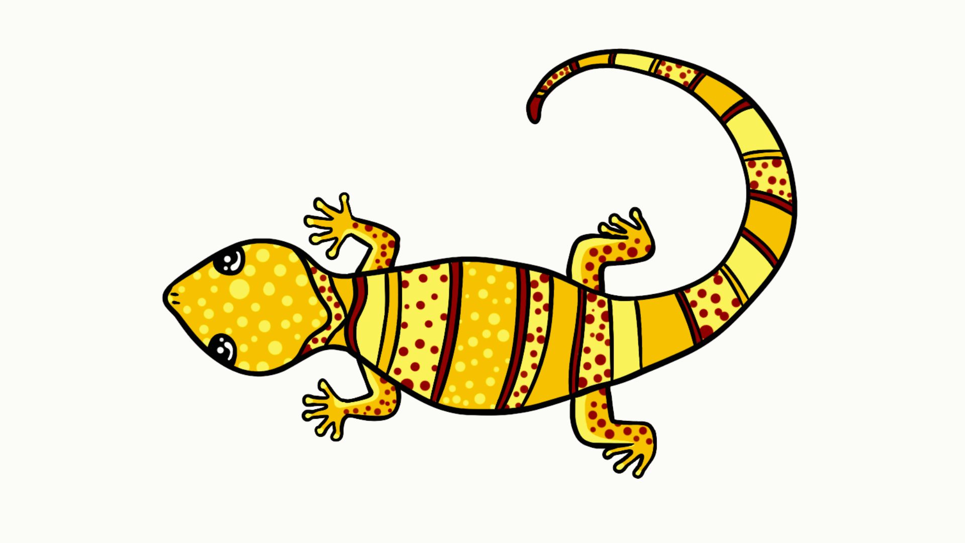 Cartoon-style yellow gecko with red stripes and polka dots, outlined in black.