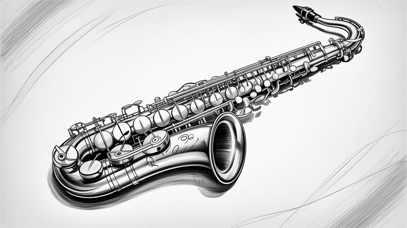 Hyper-detailed graphite pencil illustration of a saxophone with dramatic shadows and reflective highlights.