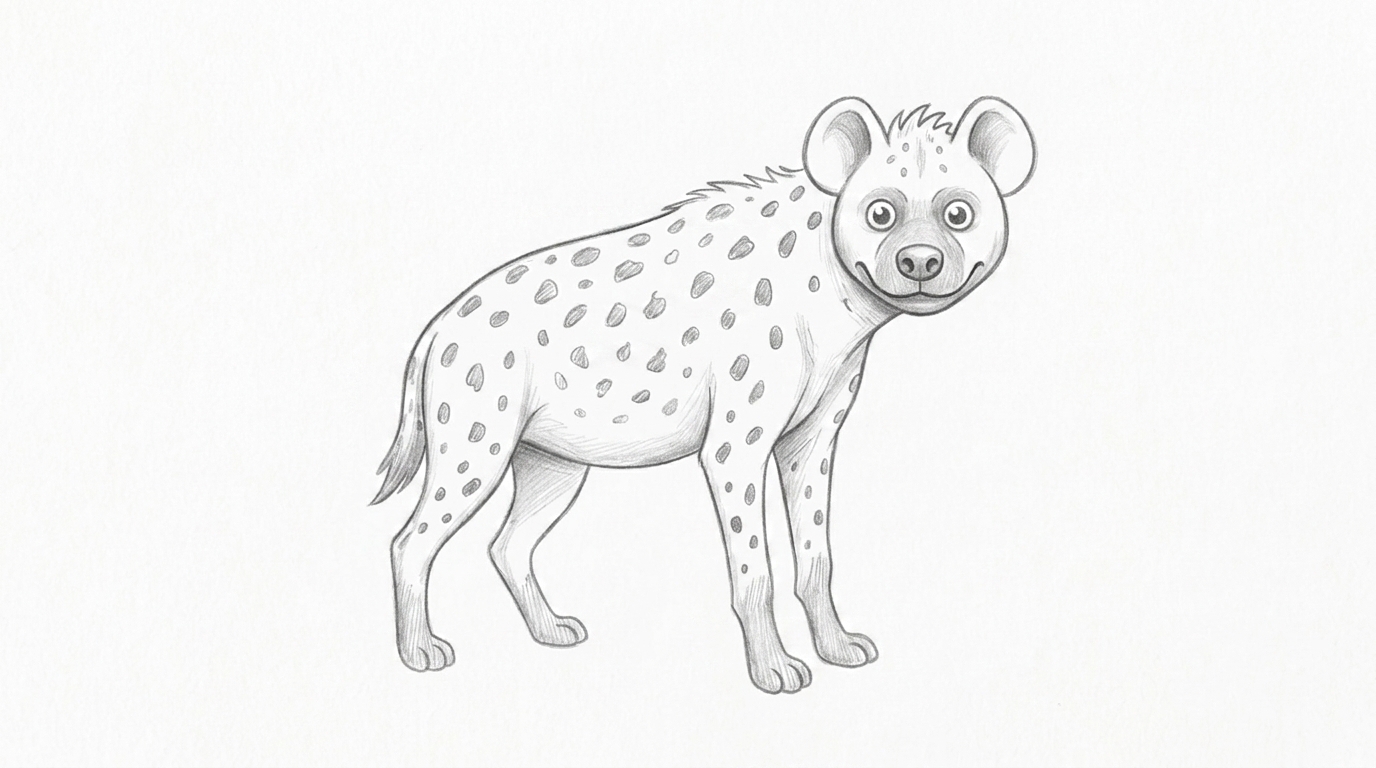 Finished hyena drawing with small irregular spots and simple clean outlined body
