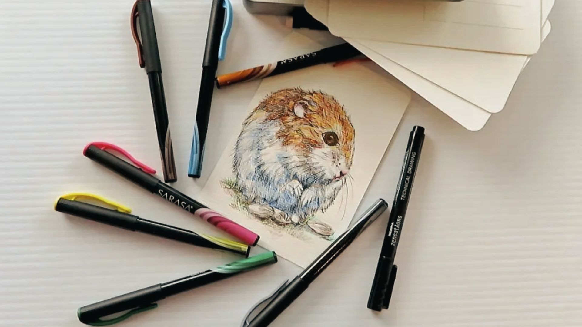 Pen supplies spread on table with hamster sketch.
