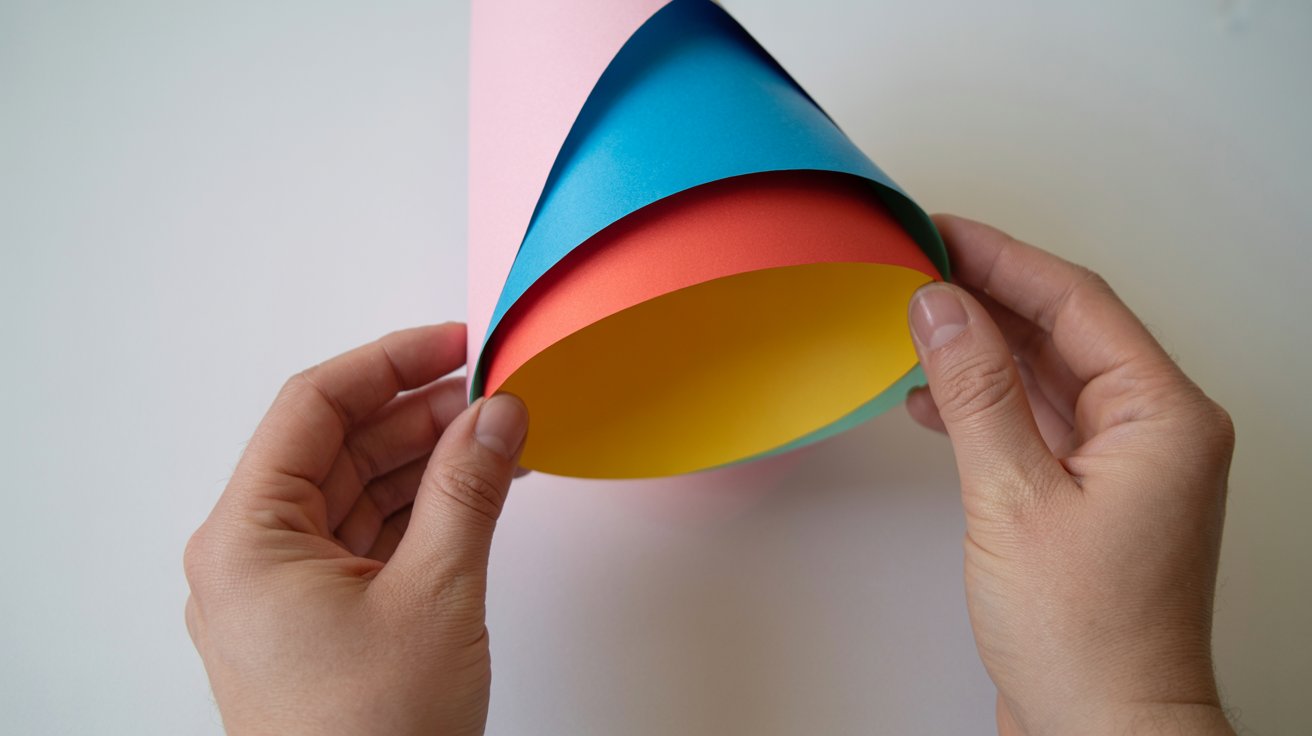 Hands shaping paper into a cone to form a party hat