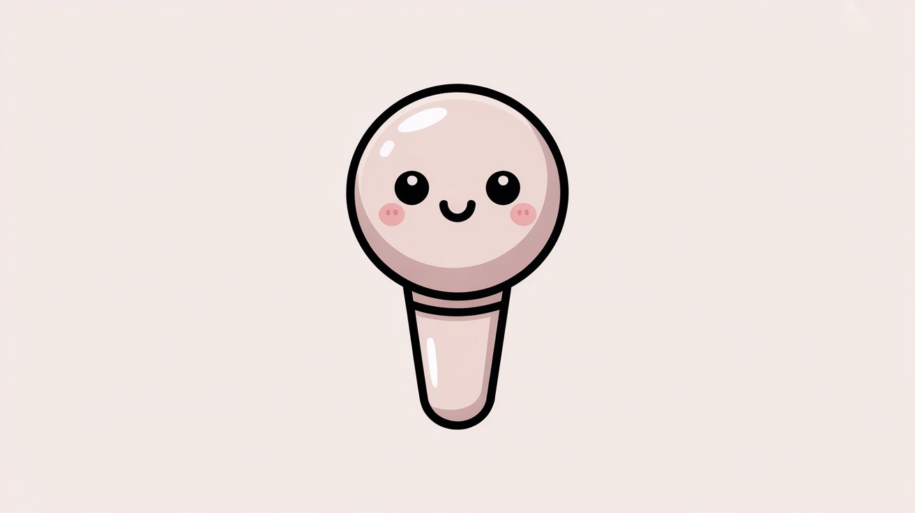 Cute kawaii microphone drawing with smiling face, pink cheeks, and soft pastel background.