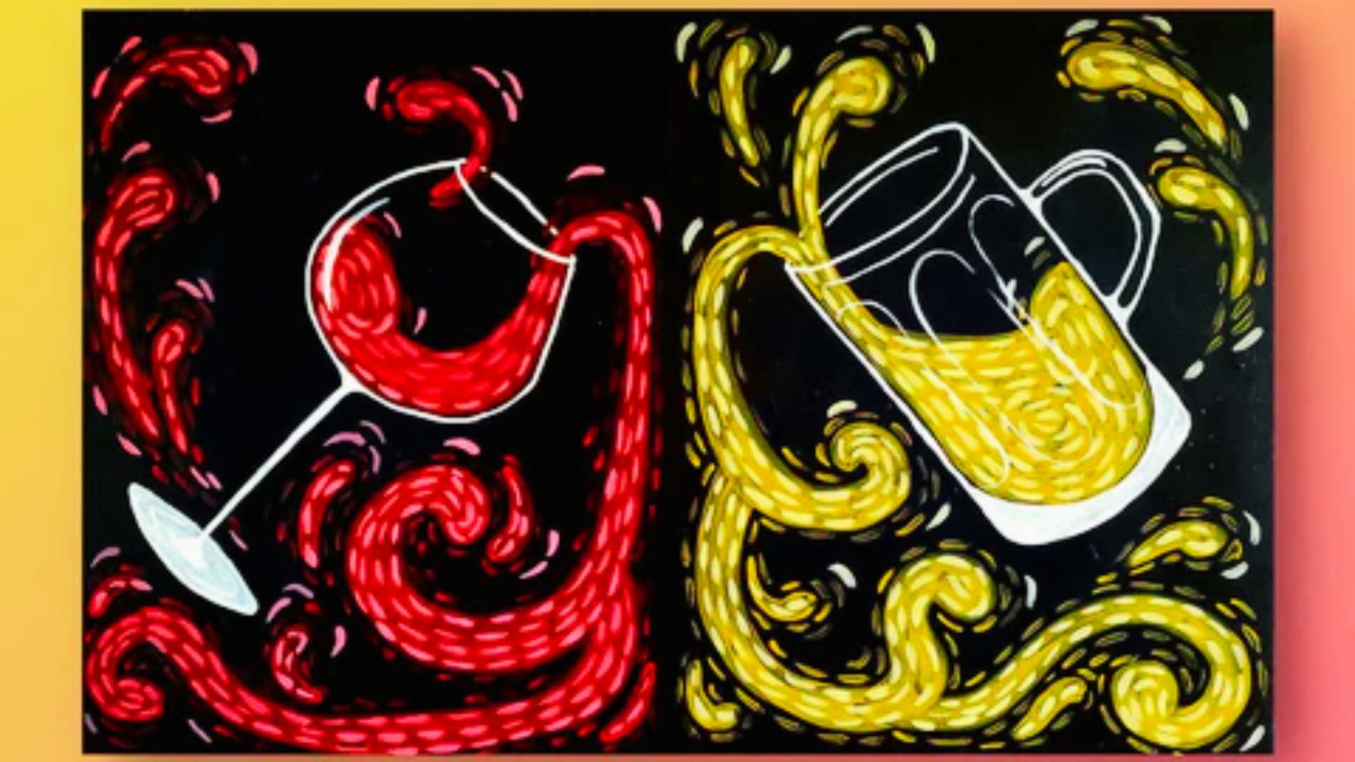 A canvas on wall of red wine glass and a beer glass.