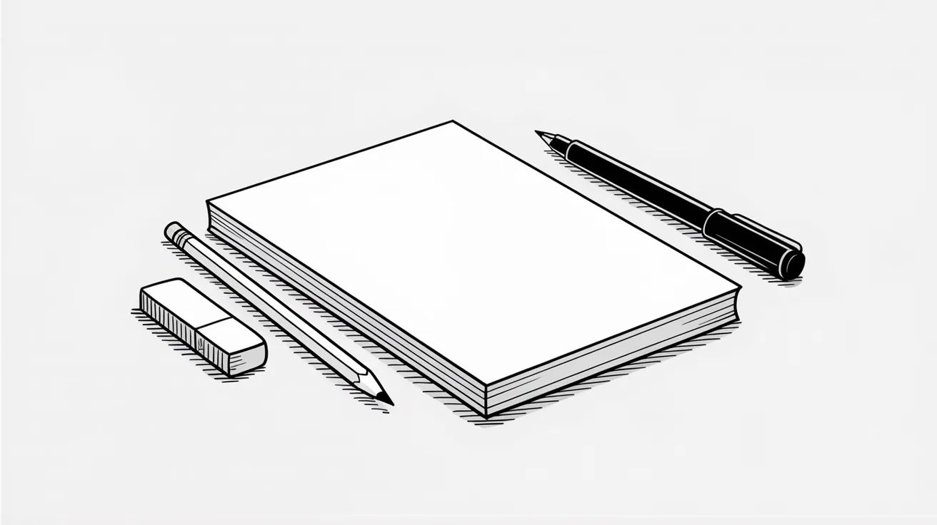Simple hand-drawn sketch of basic drawing tools including pencil, eraser, pen, and paper arranged neatly on a table.