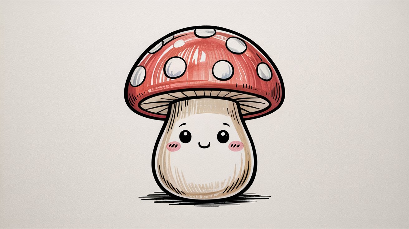 Cute mushroom with a red polka-dot cap and a gentle smile, blushing on its stem.
