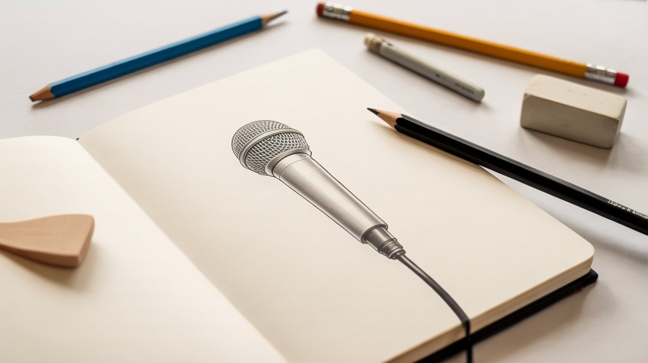 Realistic pencil microphone drawing on open sketchbook with pencils and eraser on white desk.