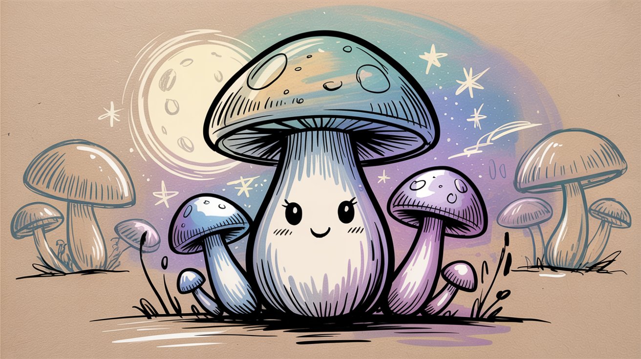 Happy mushroom with a blue-green iridescent cap surrounded by smaller purple mushrooms and a moon behind it.