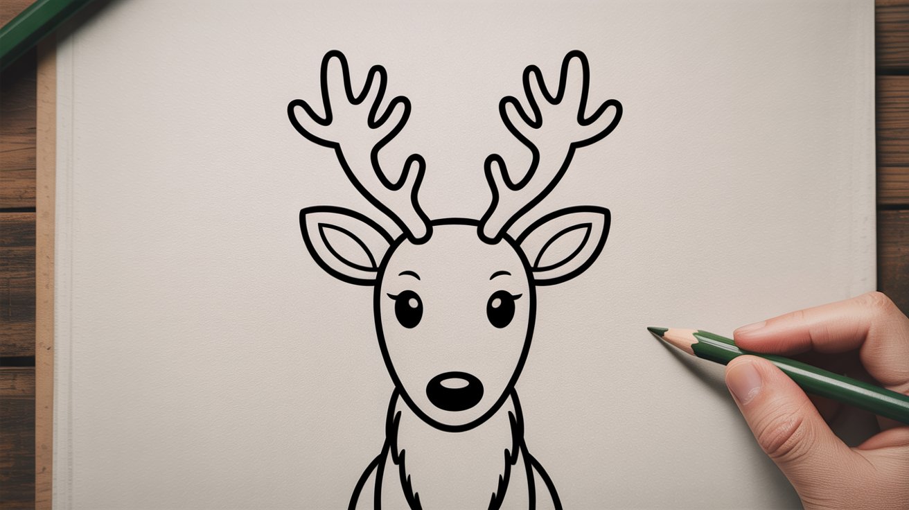 Reindeer sketch with ears and simple antlers added, clean beginner drawing step