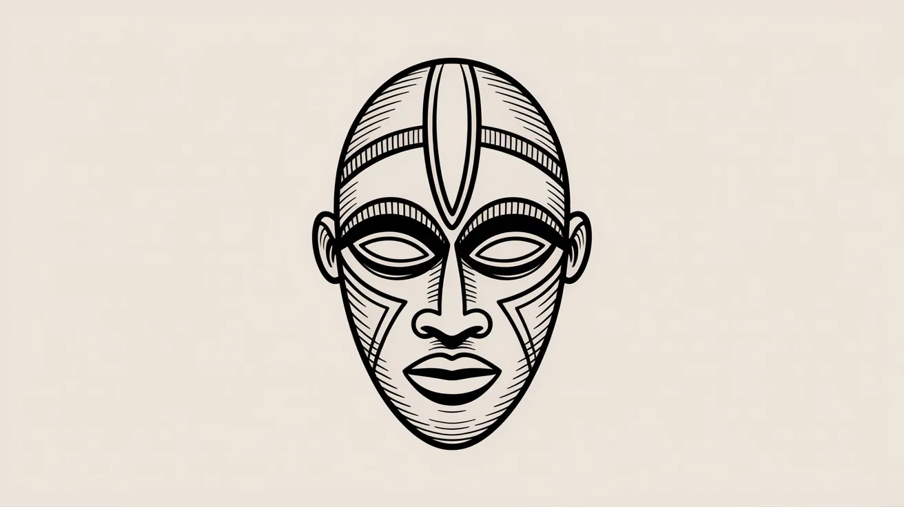Basic sketch of a strong African warrior mask with sharp features and bold patterns.