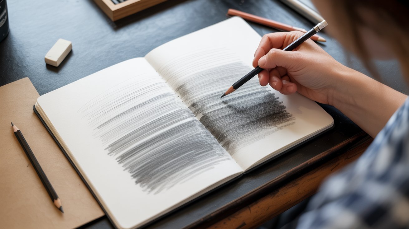 "Sketchbook with pressure control line drawing warm up showing light to dark strokes"