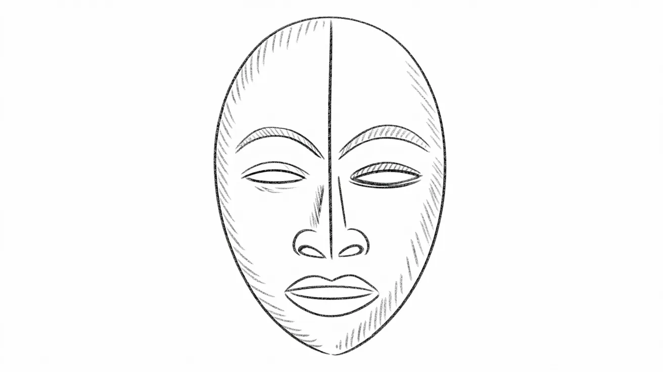 Simple split African mask drawing showing two different expressions in a basic pencil sketch style.