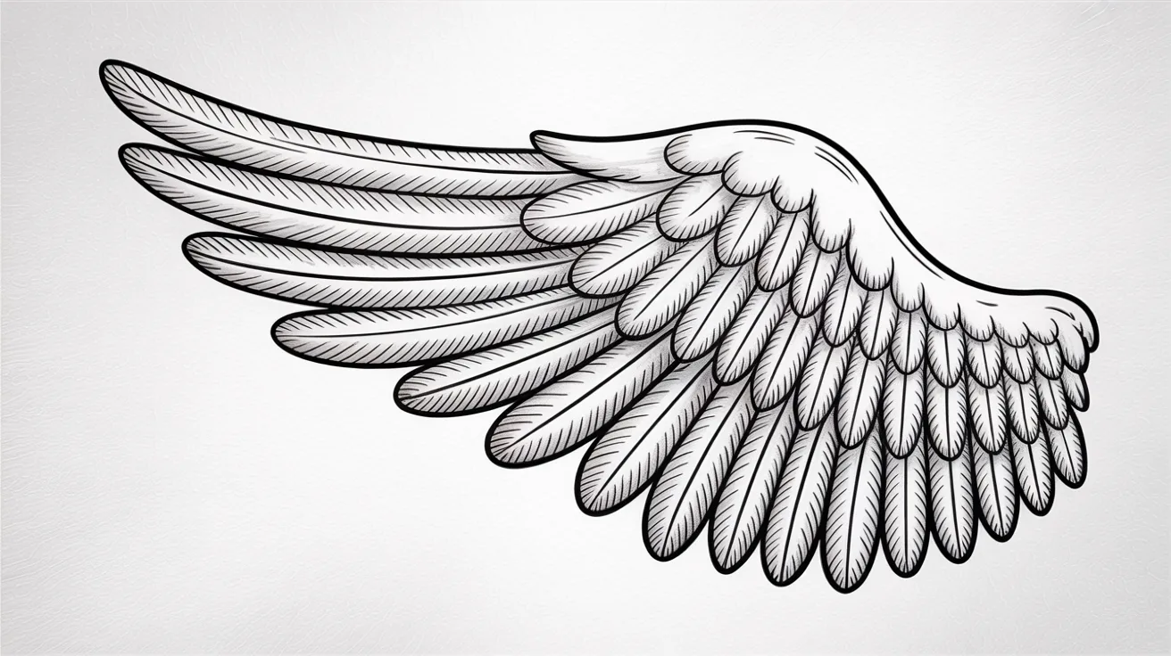 Detailed feathered angel wings drawn with layered feathers in a realistic pencil sketch style.
