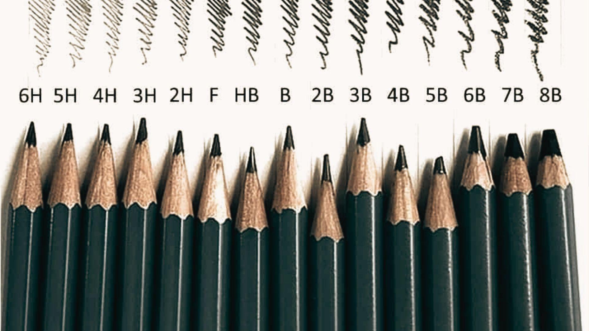 Reference chart of drawing pencils labeled 6H to 8B with stroke samples.
