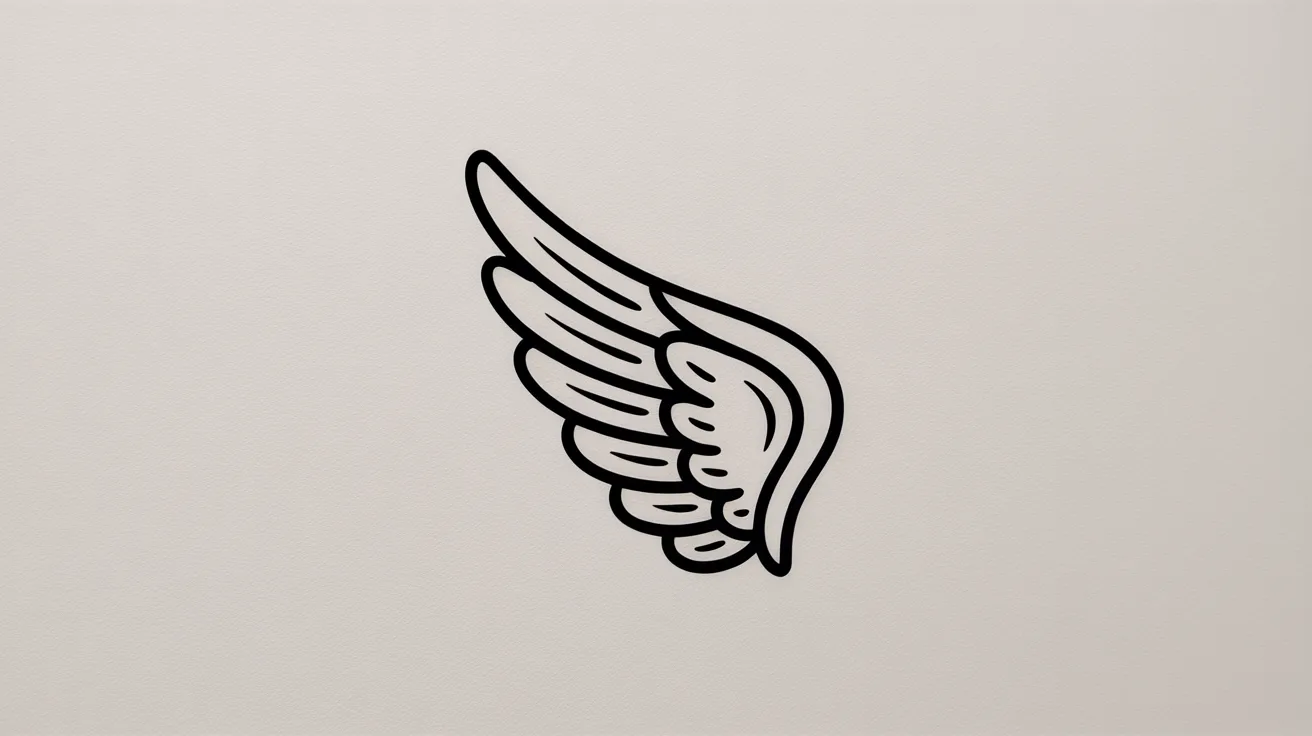 Small tattoo-style angel wings drawn with compact shape and simple feather details.