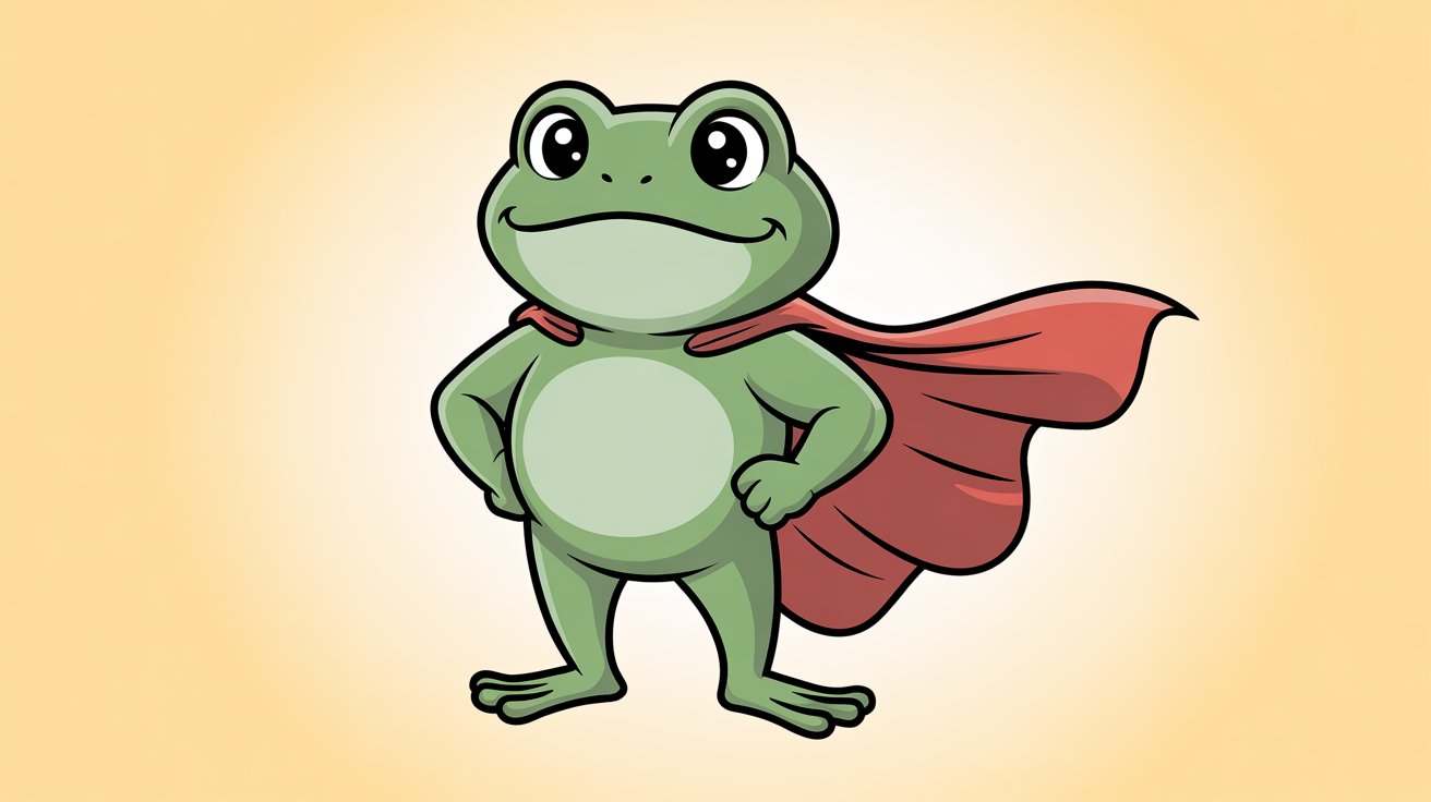 Confident superhero frog stands with hands on hips wearing red cape on warm yellow background
