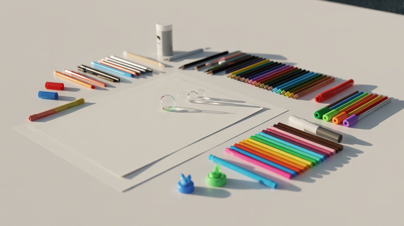 Drawing supplies laid out colored pencils markers gel pen paper for bubble illustrations minimal setup