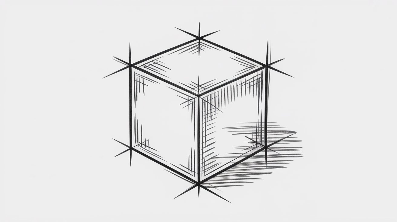 Pencil sketch of a cube in perspective with extended corner lines and cross-hatching for shading.