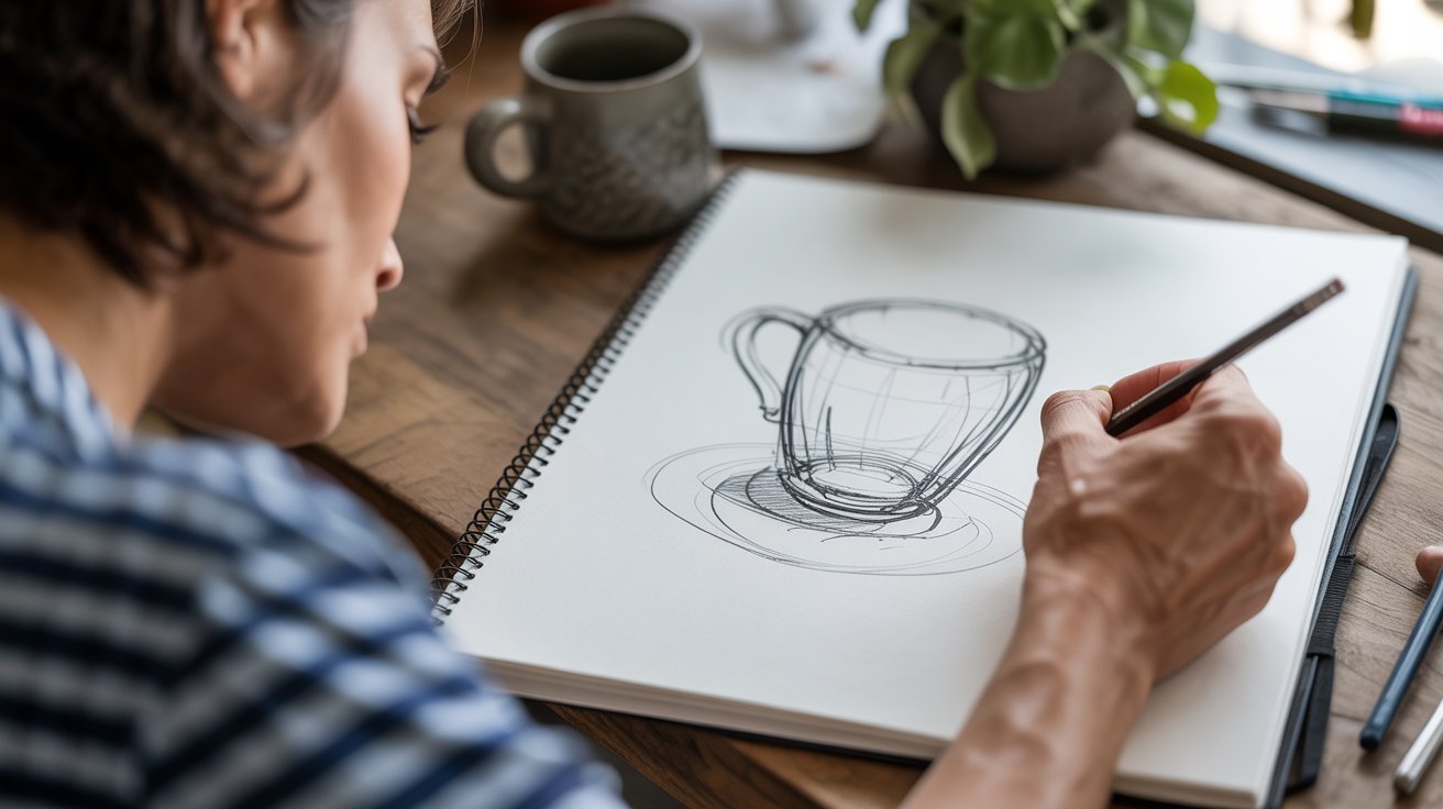 "Artist practicing blind contour drawing while observing object without looking at paper"