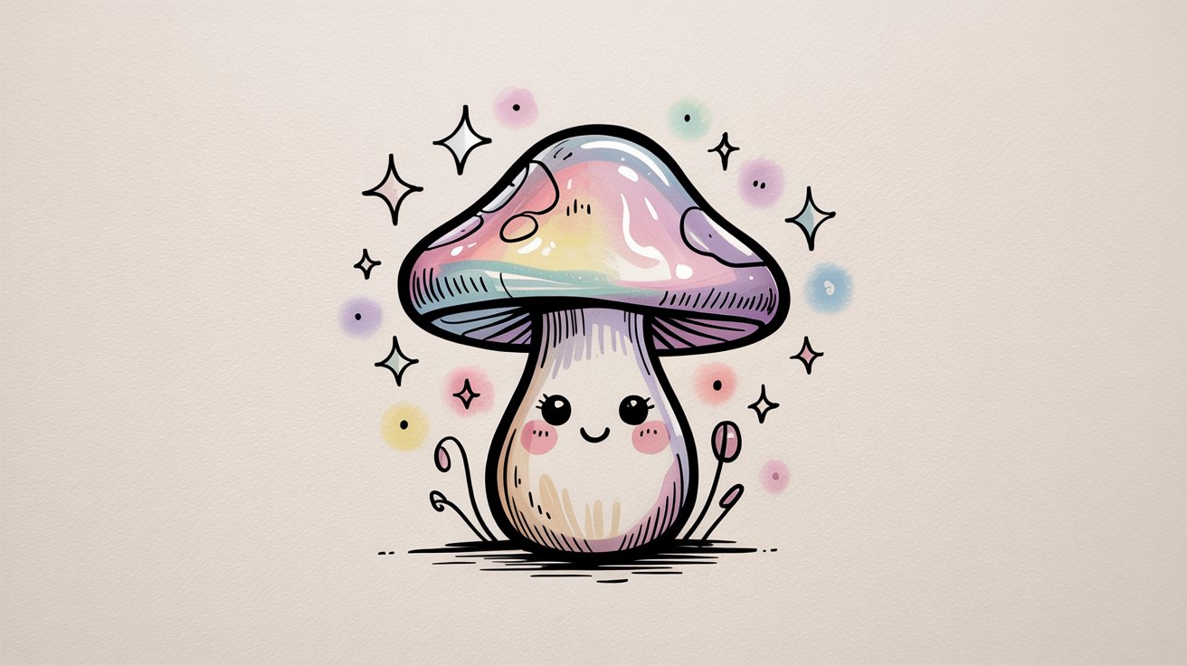 Sparkly kawaii mushroom with a pastel tie-dye cap and big eyes smiles with pink cheeks.